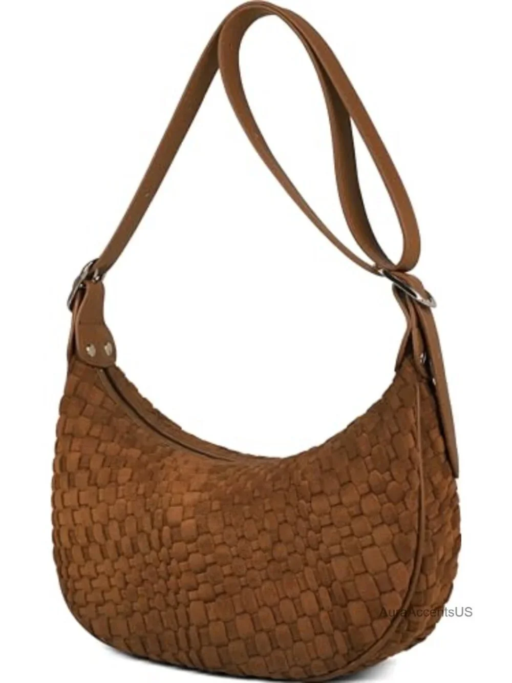 Woven Vegan Leather Crescent Crossbody Bag with Adjustable Strap